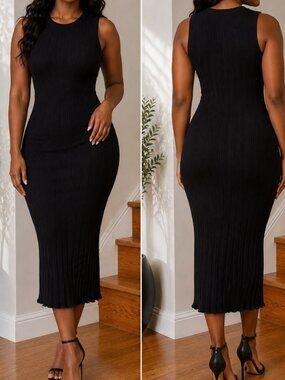 **DKNY Black Ribbed Sleeveless Midi Bodycon Dress – Size Small**